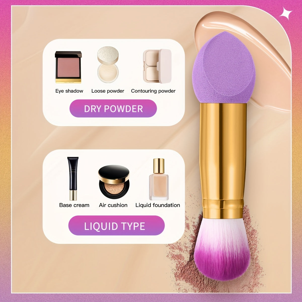 1/3pcs Soft Foundation Blending Face Brushes with Two Heads, Professional Fluffy Blusher Brush and Makeup Sponge for Women Beauty, Purple