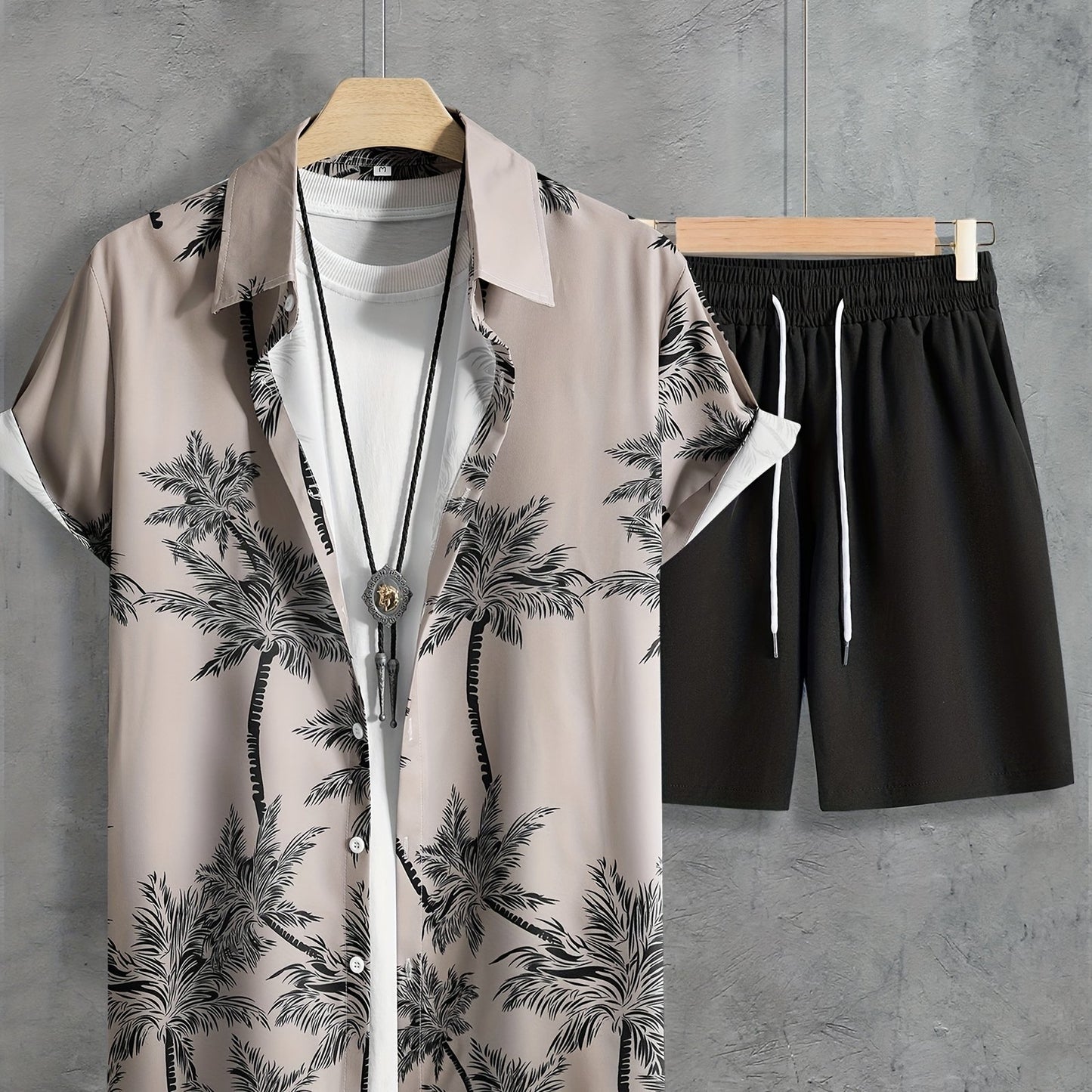 Coconut Tree Print, Men's 2Pcs Outfits, Casual Camp Collar Lapel Button Up Short Sleeve Shirts Hawaii Shirt And Drawstring Shorts Set For Summer, Men's Clothing