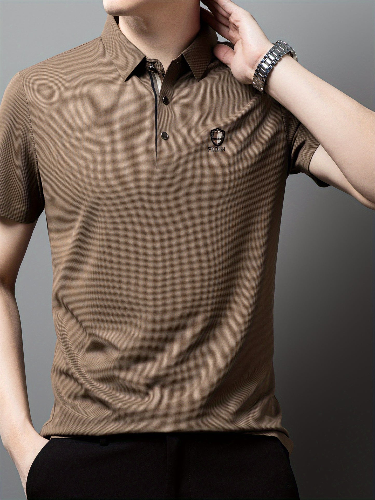 Men's Solid Color Short Sleeve Lapel Golf Shirts, Casual Style Slight Stretch Regular Fit Summer Tops, Summer Golf Shirts