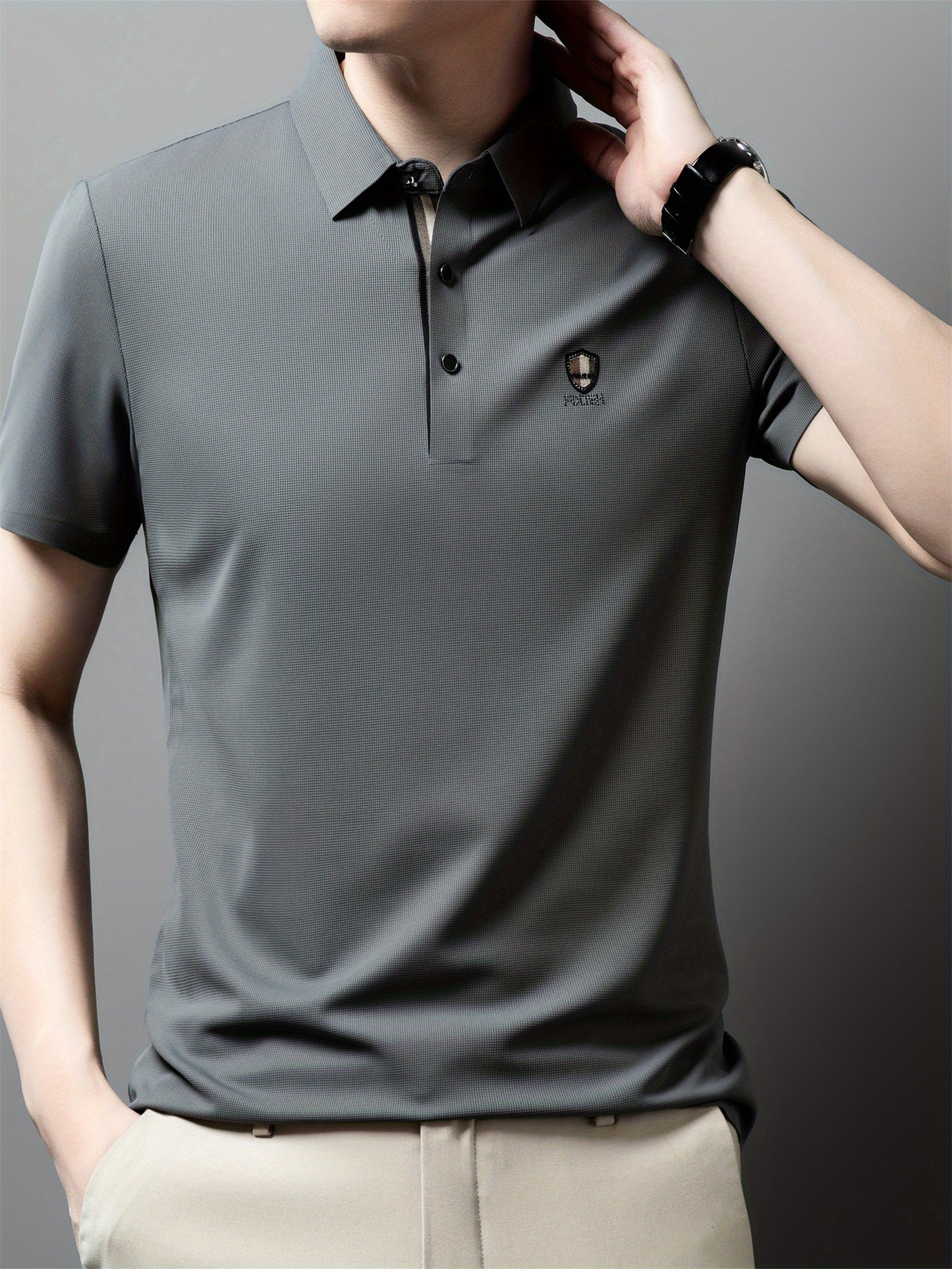 Men's Solid Color Short Sleeve Lapel Golf Shirts, Casual Style Slight Stretch Regular Fit Summer Tops, Summer Golf Shirts