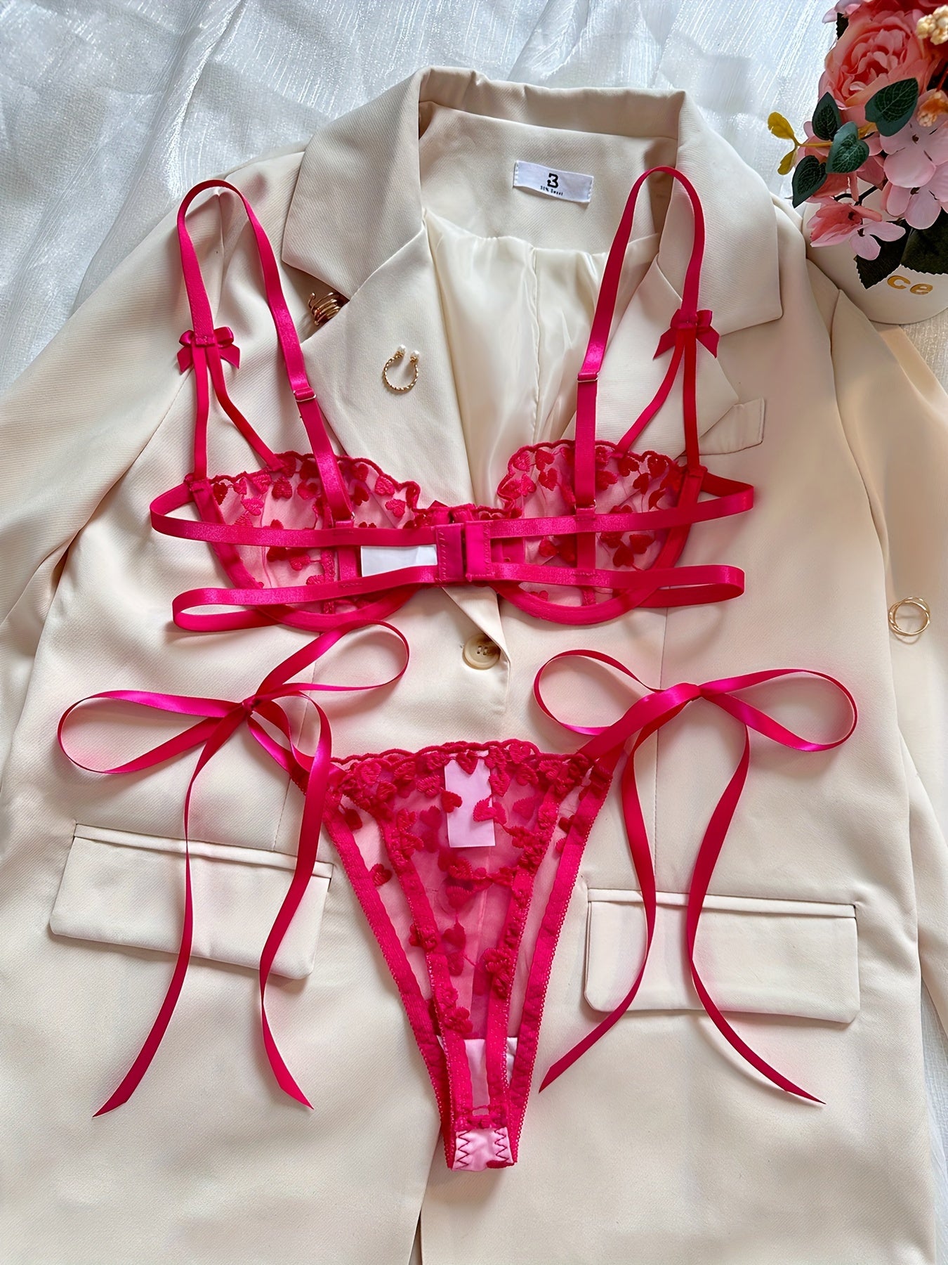 Seductive Heart Embroidery Mesh Lingerie Set - Plunge Bra, Lace Up Thong, Semi Sheer, Sexy, Womens Underwear with Exquisite Details and Comfortable Fit