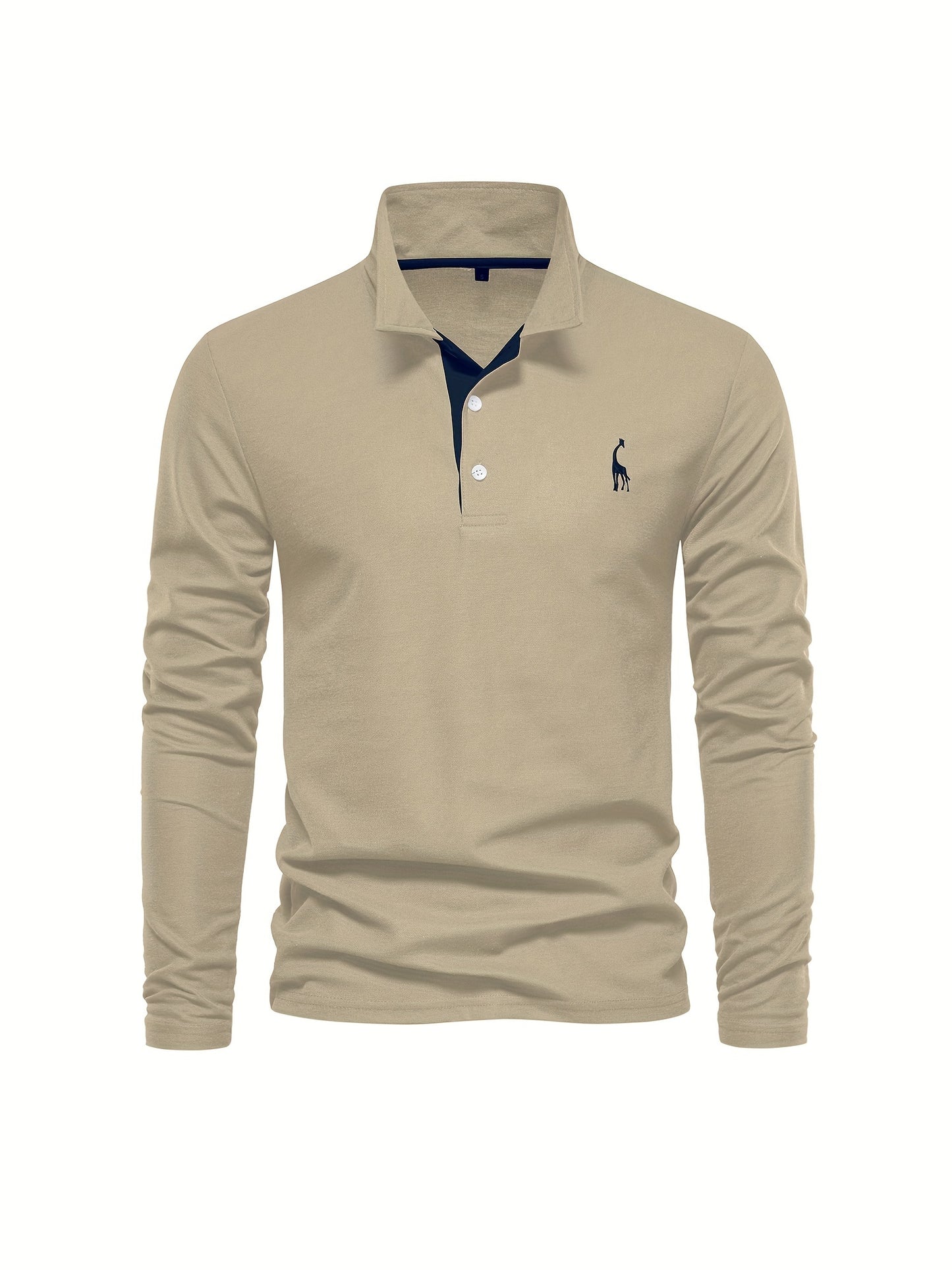 Men's Solid Giraffe Embroidery Long Sleeve Tennis Shirts, Slight Stretch All-match Fashion Men's Top