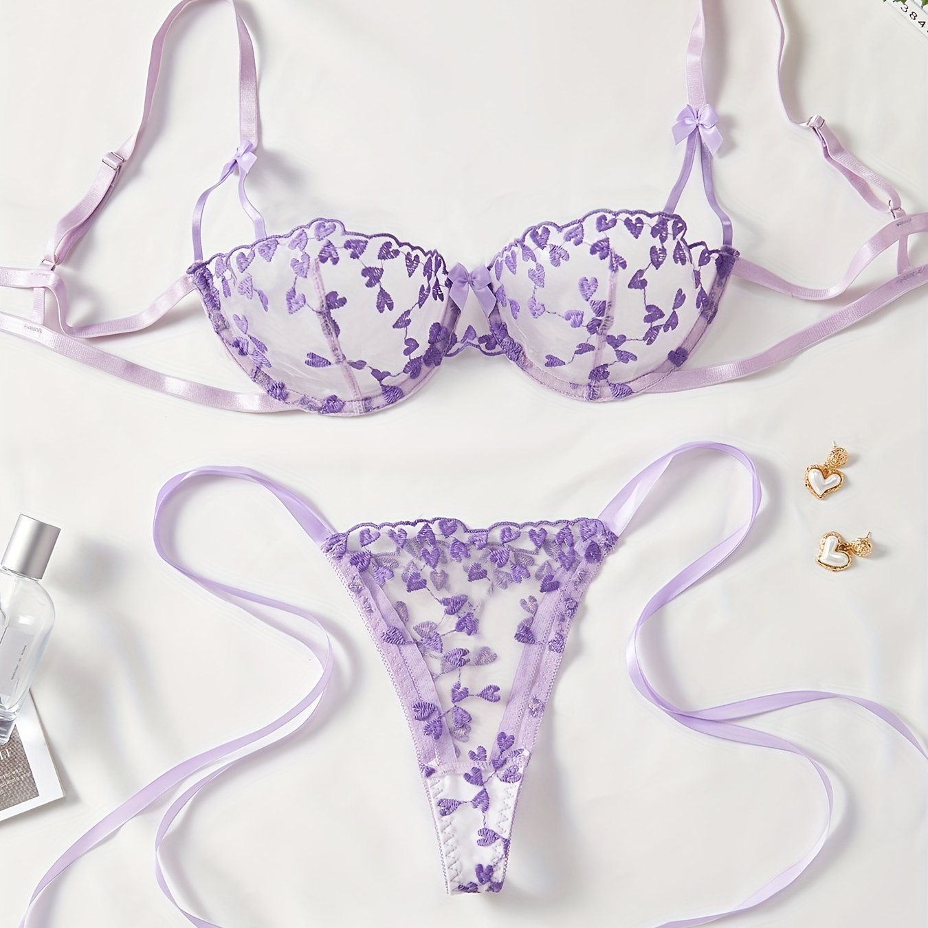 Seductive Heart Embroidery Mesh Lingerie Set - Plunge Bra, Lace Up Thong, Semi Sheer, Sexy, Womens Underwear with Exquisite Details and Comfortable Fit