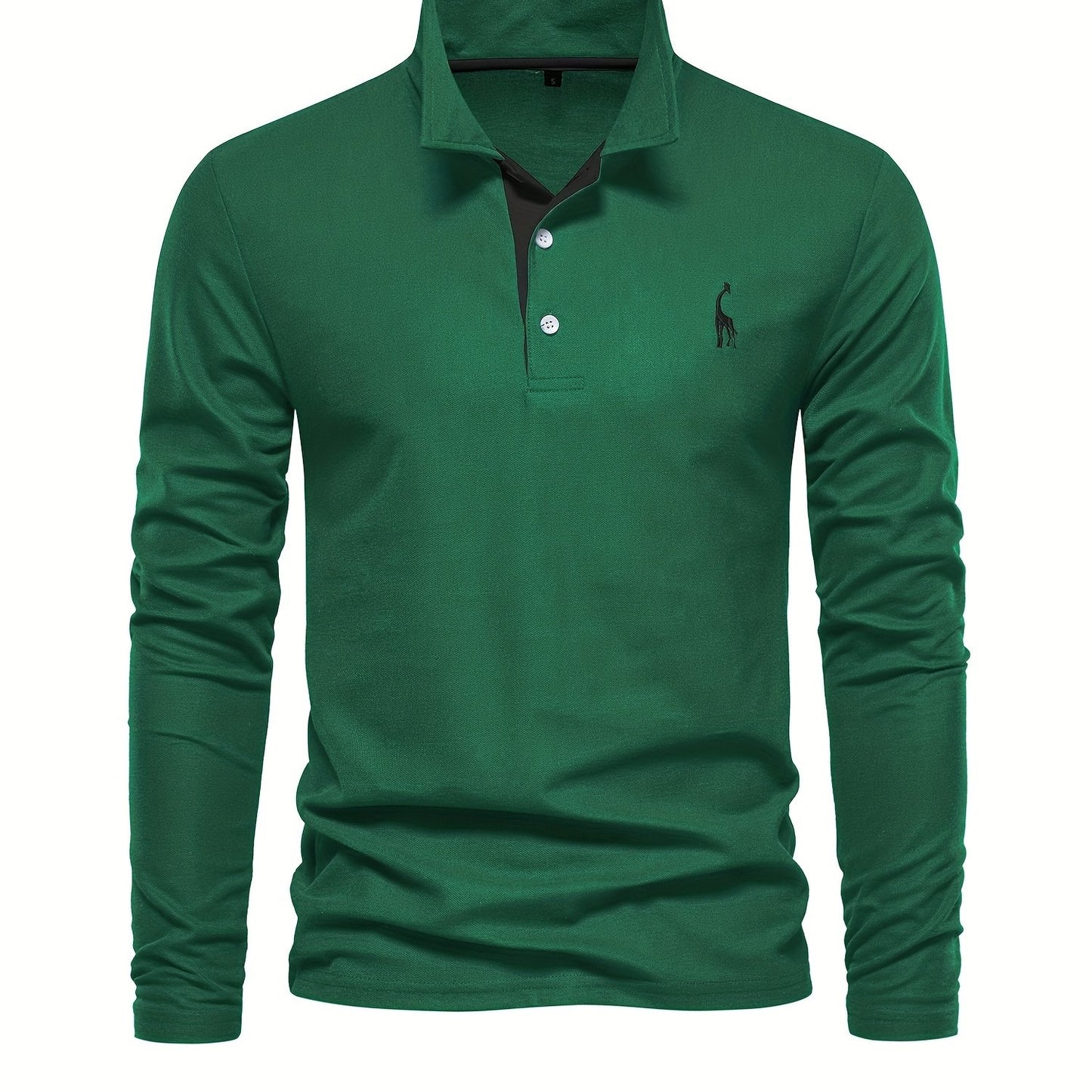 Men's Solid Giraffe Embroidery Long Sleeve Tennis Shirts, Slight Stretch All-match Fashion Men's Top