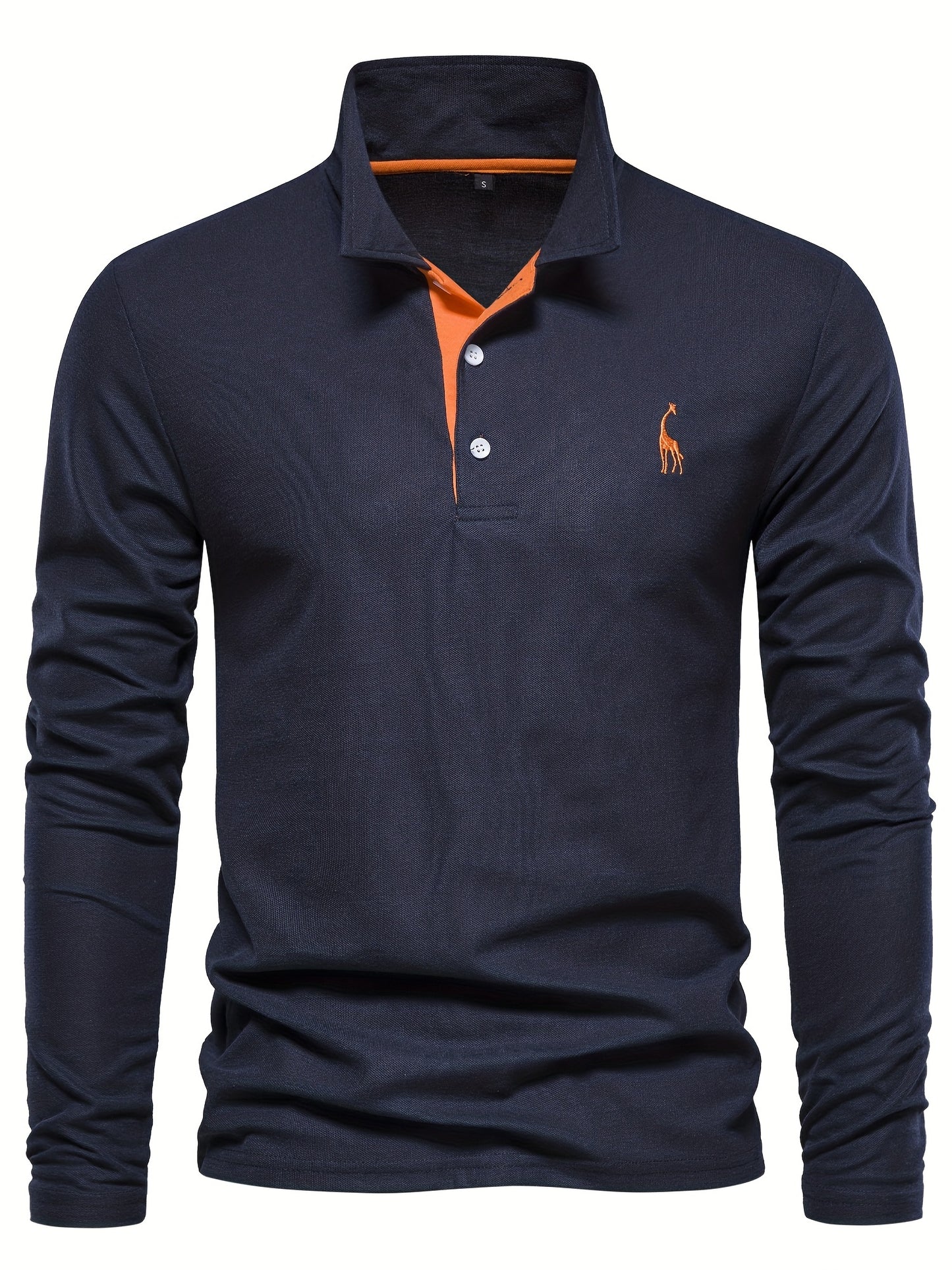 Men's Solid Giraffe Embroidery Long Sleeve Tennis Shirts, Slight Stretch All-match Fashion Men's Top