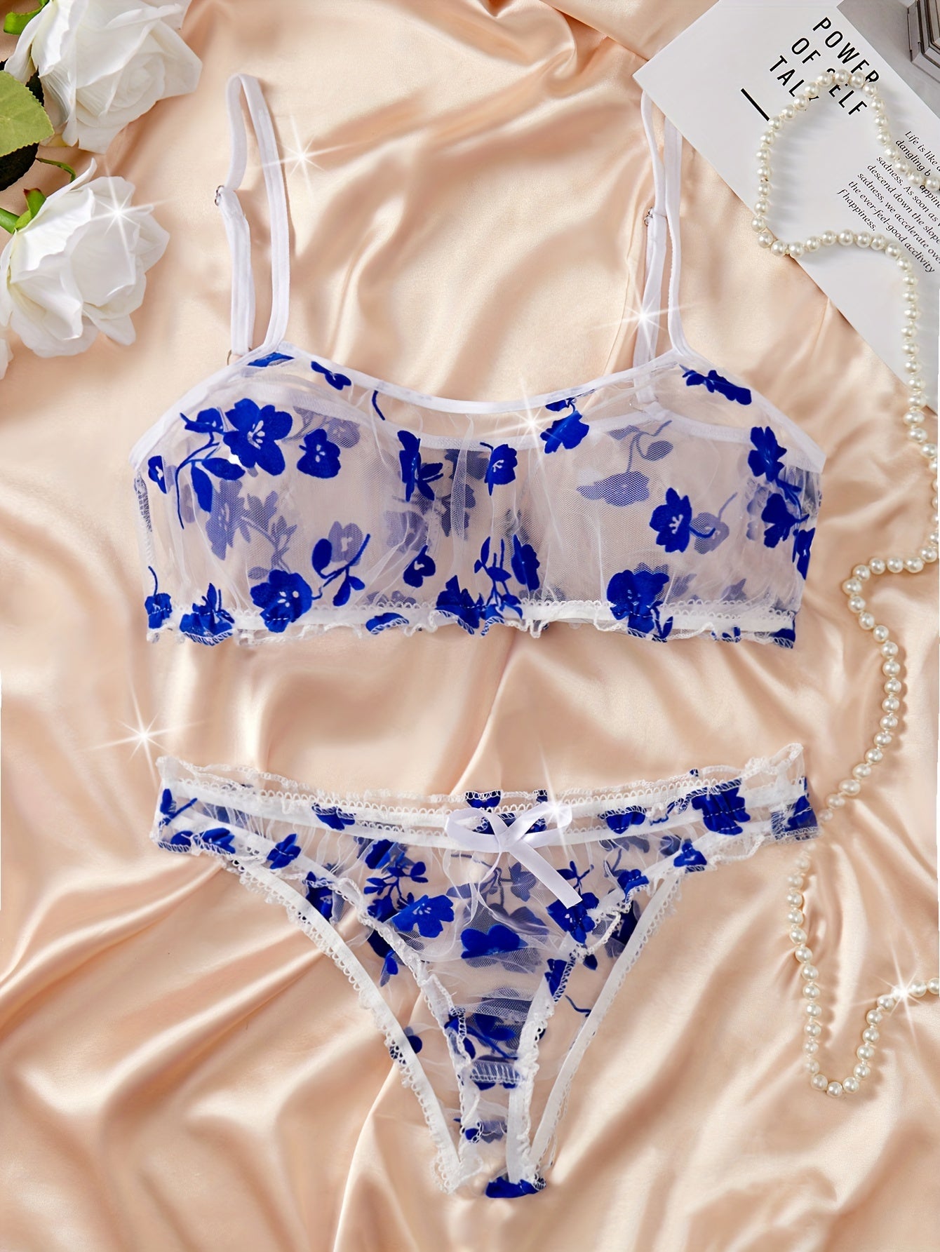 Romantic Floral Lingerie Set for Her - Alluring Ruffle Bra & Soft Sheer Mesh Panties - Seductive, Comfortable Intimate Wear with Flirty Flower Print