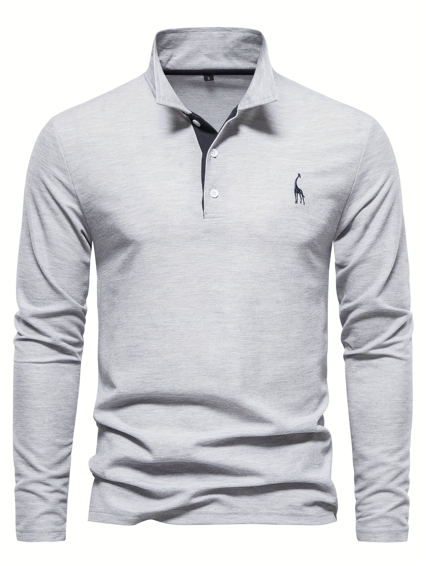 Men's Solid Giraffe Embroidery Long Sleeve Tennis Shirts, Slight Stretch All-match Fashion Men's Top