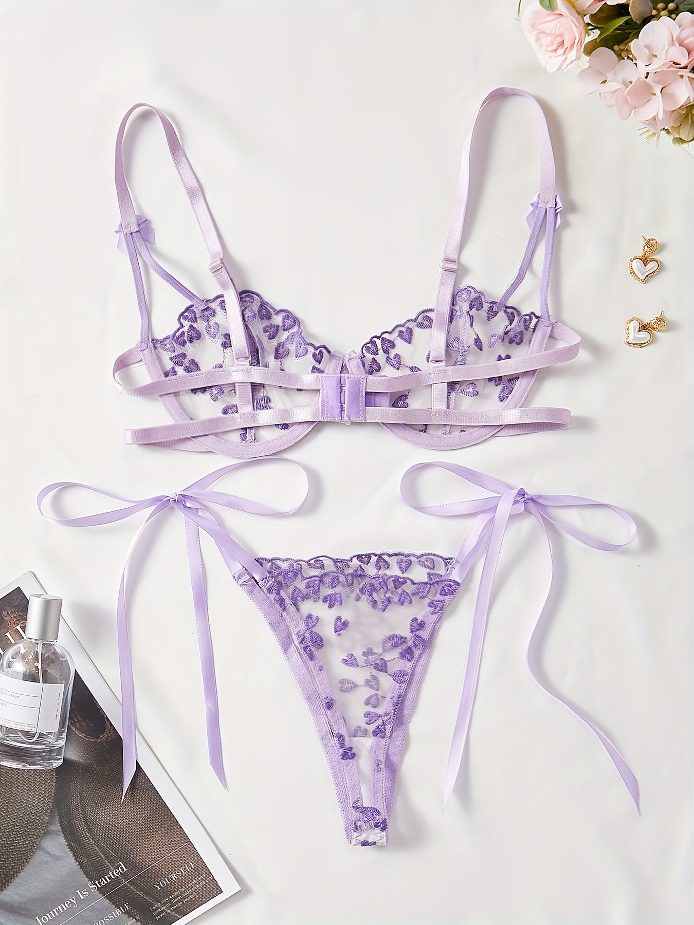 Seductive Heart Embroidery Mesh Lingerie Set - Plunge Bra, Lace Up Thong, Semi Sheer, Sexy, Womens Underwear with Exquisite Details and Comfortable Fit