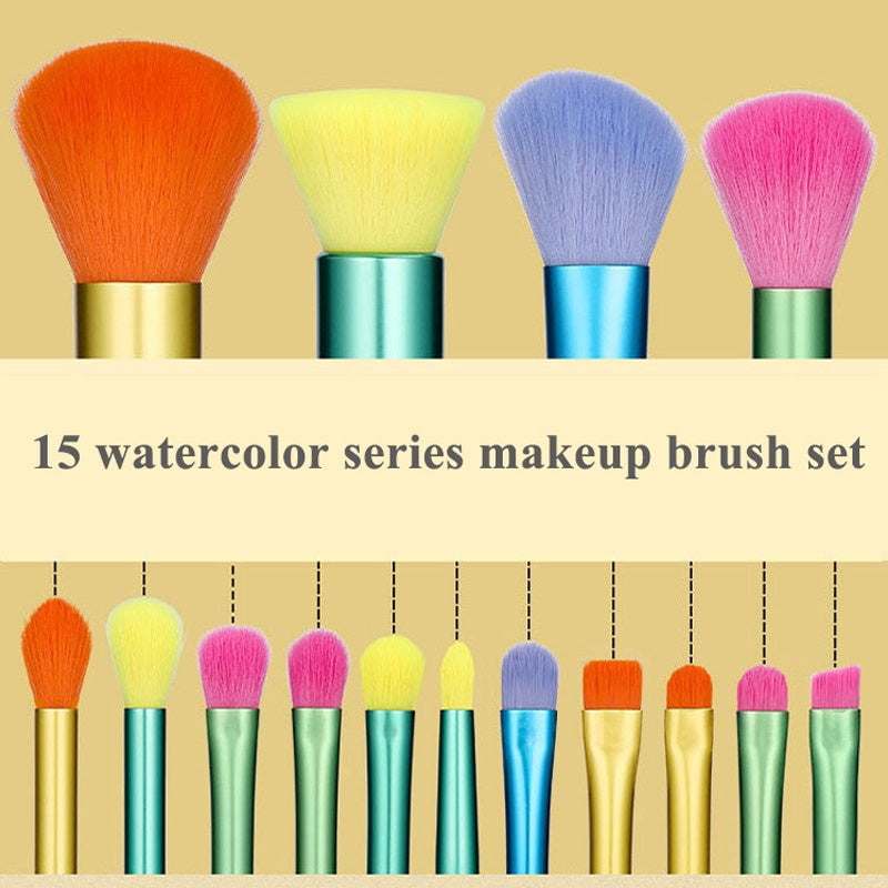 15 pcs Rainbow Color High Quality Makeup Brush Set - Perfect for Eyeshadow, Foundation, and Cosmetic Tools