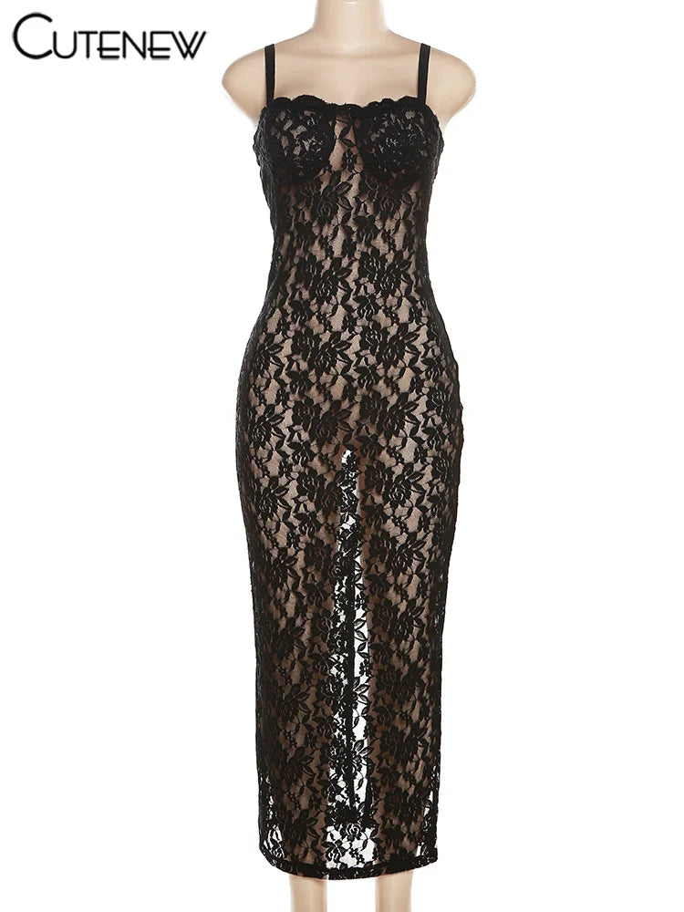 NIBBER Women's Elegant Black Lace Long Maxi Dress Elegant Backless Sleeveless Suspender Long Dress Summer Street Casual Vestidos