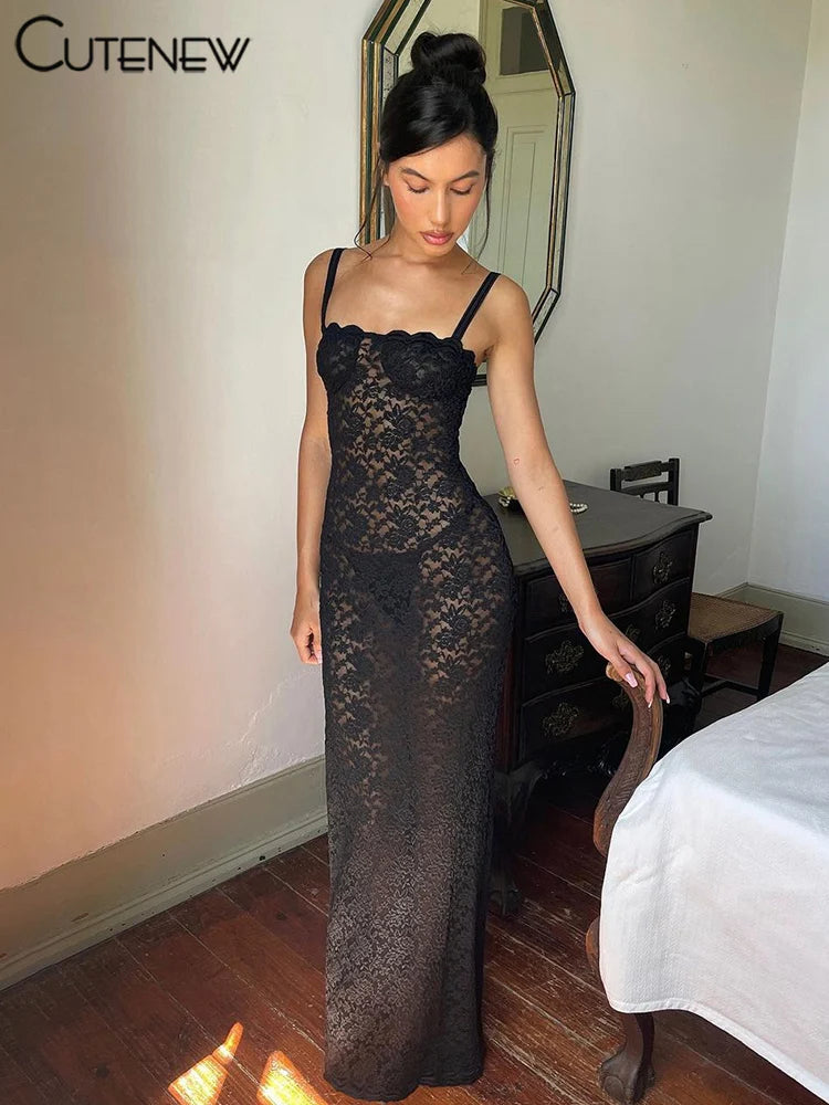 NIBBER Women's Elegant Black Lace Long Maxi Dress Elegant Backless Sleeveless Suspender Long Dress Summer Street Casual Vestidos