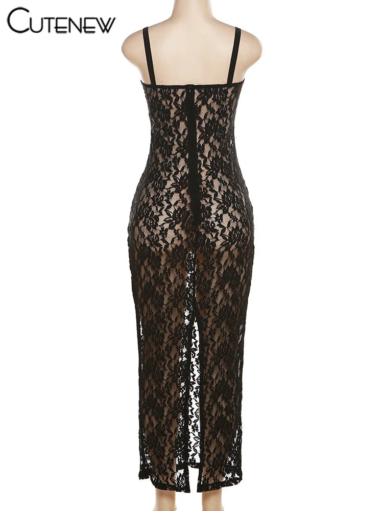 NIBBER Women's Elegant Black Lace Long Maxi Dress Elegant Backless Sleeveless Suspender Long Dress Summer Street Casual Vestidos