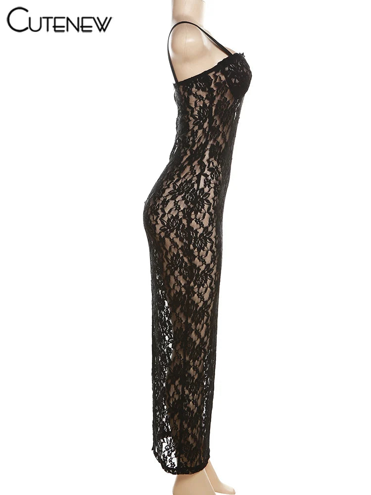 NIBBER Women's Elegant Black Lace Long Maxi Dress Elegant Backless Sleeveless Suspender Long Dress Summer Street Casual Vestidos