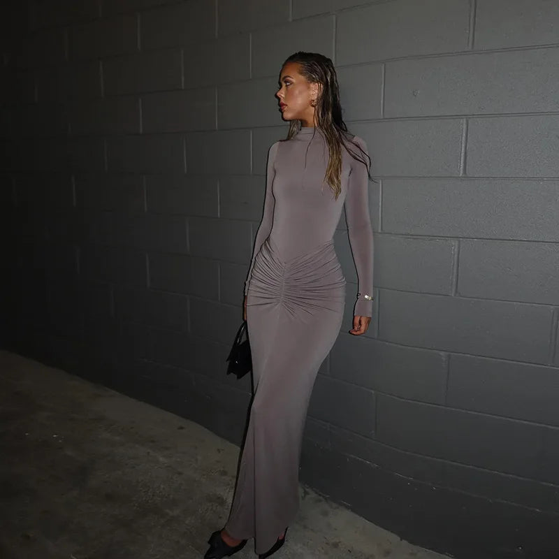 Pleated Fashion Patchwork Long Dress Women's High Waist Long Sleeve Solid Slim Party Dress Summer 2024 Female Maxi Dress