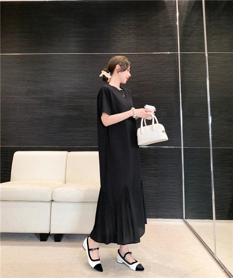 NYFS 2025 Summer New Korea Irregular Woman Dress Vestidos Robe Elbise Loose Plus Size Patchwork Short Sleeve Long Dress