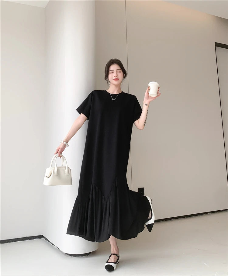 NYFS 2025 Summer New Korea Irregular Woman Dress Vestidos Robe Elbise Loose Plus Size Patchwork Short Sleeve Long Dress
