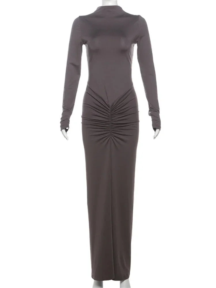 Pleated Fashion Patchwork Long Dress Women's High Waist Long Sleeve Solid Slim Party Dress Summer 2024 Female Maxi Dress
