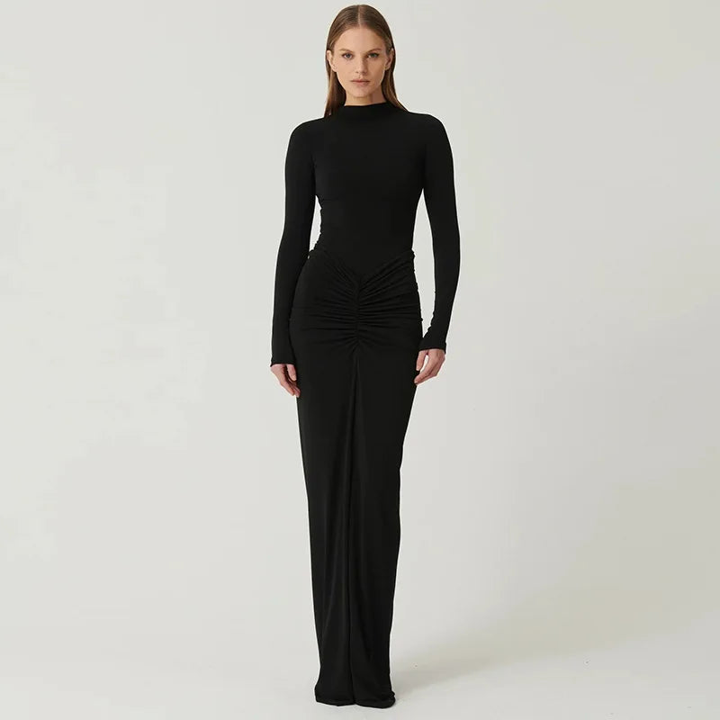 Pleated Fashion Patchwork Long Dress Women's High Waist Long Sleeve Solid Slim Party Dress Summer 2024 Female Maxi Dress
