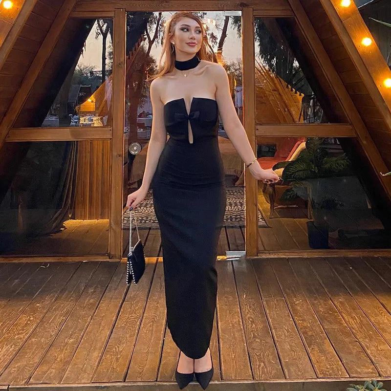 Tossy Tee Bow Off-Shoulder Slim Long Dress For Women Patchwork Fashion Elegant Hollow Out Backless Clothes Female Party Dress