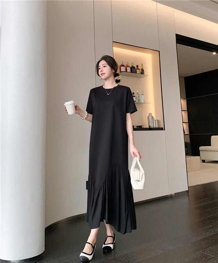 NYFS 2025 Summer New Korea Irregular Woman Dress Vestidos Robe Elbise Loose Plus Size Patchwork Short Sleeve Long Dress