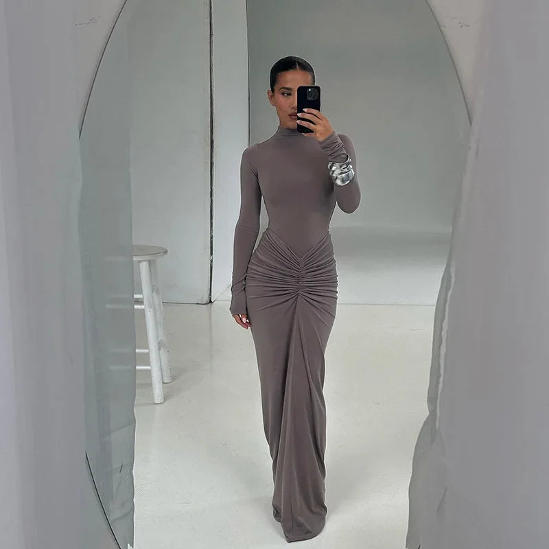 Pleated Fashion Patchwork Long Dress Women's High Waist Long Sleeve Solid Slim Party Dress Summer 2024 Female Maxi Dress