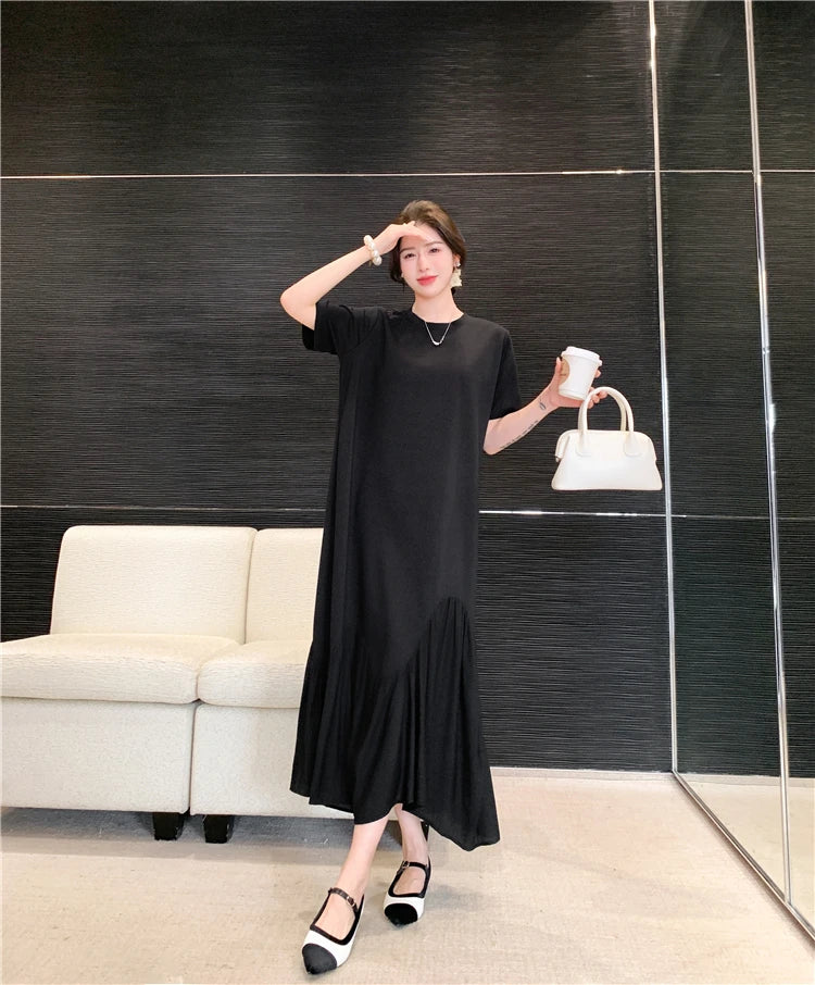 NYFS 2025 Summer New Korea Irregular Woman Dress Vestidos Robe Elbise Loose Plus Size Patchwork Short Sleeve Long Dress