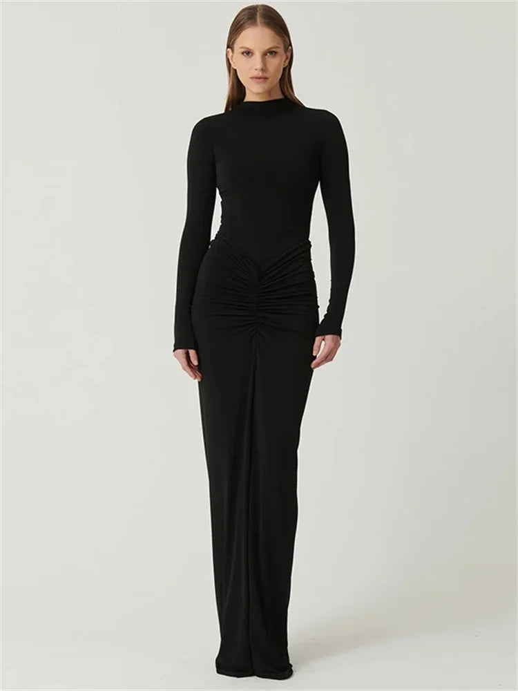 Pleated Fashion Patchwork Long Dress Women's High Waist Long Sleeve Solid Slim Party Dress Summer 2024 Female Maxi Dress