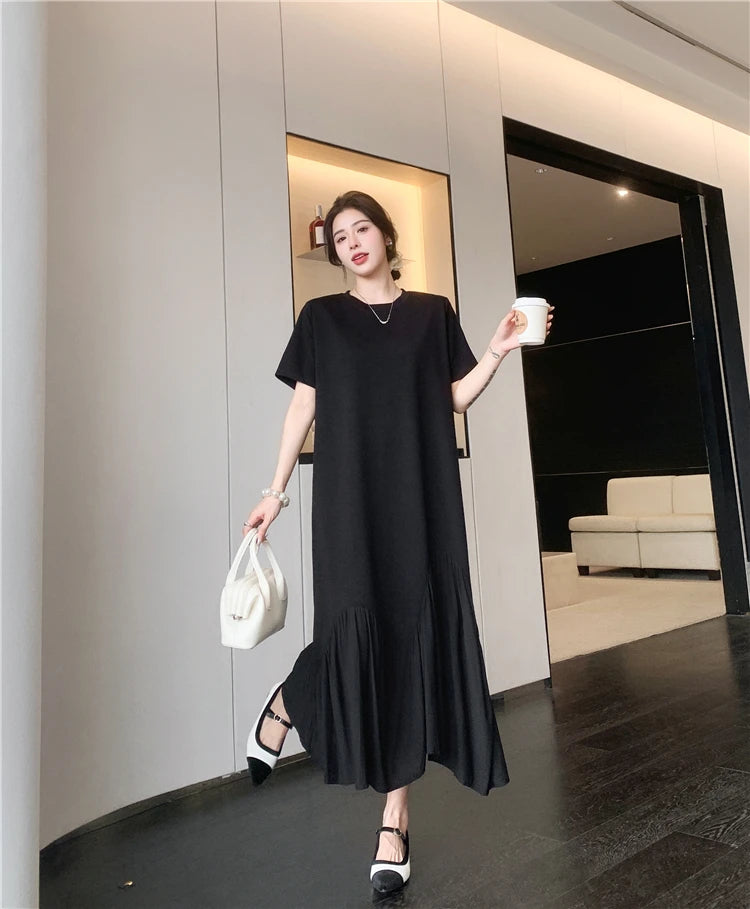 NYFS 2025 Summer New Korea Irregular Woman Dress Vestidos Robe Elbise Loose Plus Size Patchwork Short Sleeve Long Dress