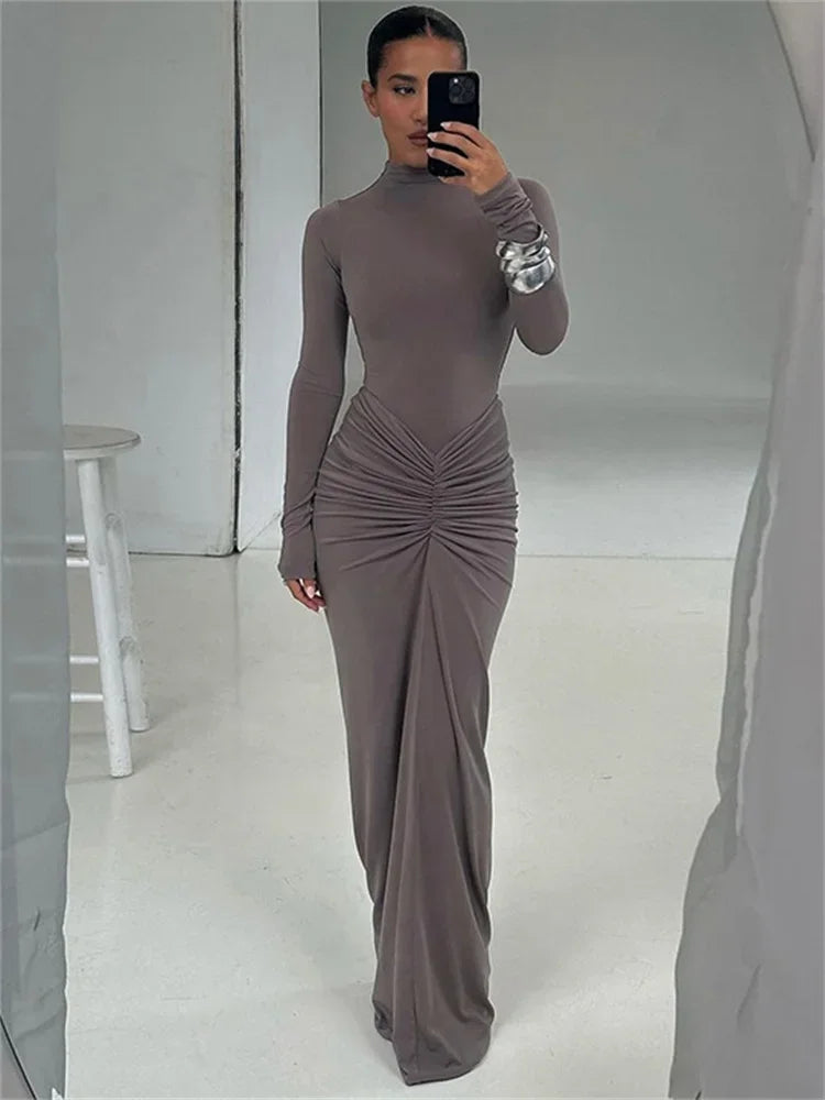 Pleated Fashion Patchwork Long Dress Women's High Waist Long Sleeve Solid Slim Party Dress Summer 2024 Female Maxi Dress