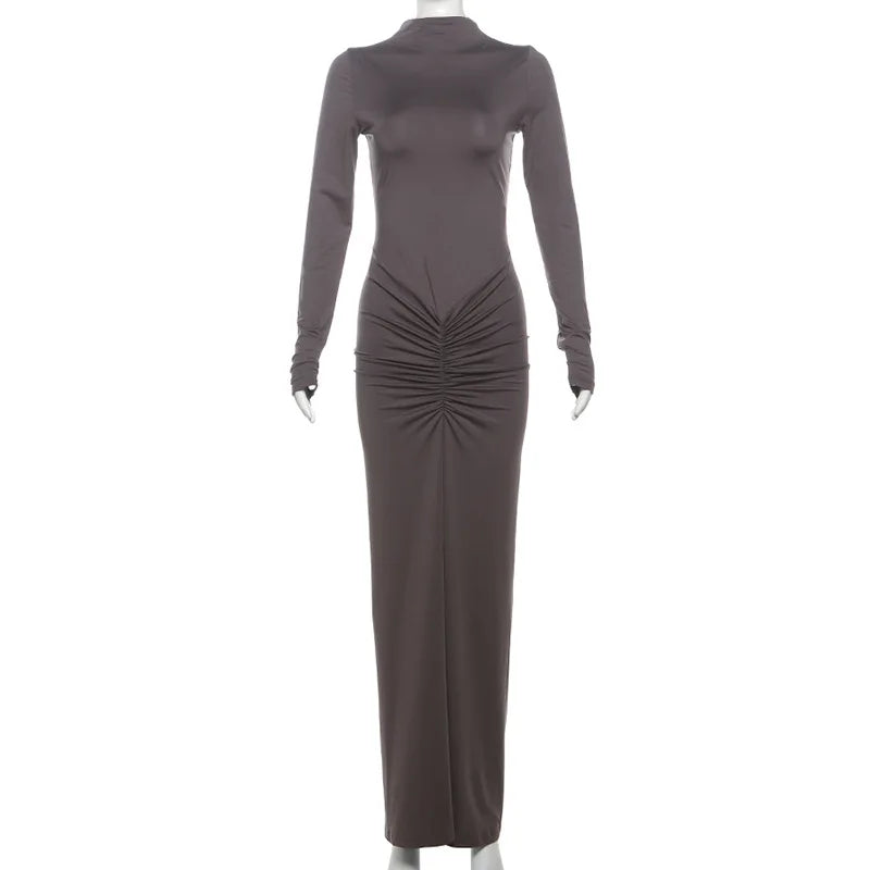 Pleated Fashion Patchwork Long Dress Women's High Waist Long Sleeve Solid Slim Party Dress Summer 2024 Female Maxi Dress