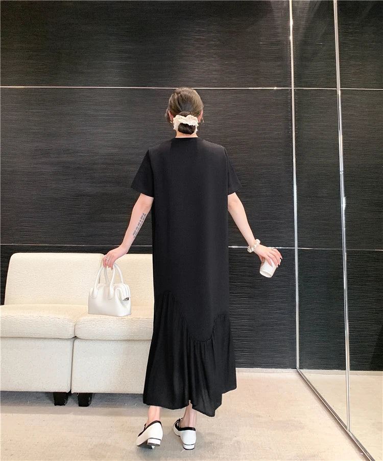 NYFS 2025 Summer New Korea Irregular Woman Dress Vestidos Robe Elbise Loose Plus Size Patchwork Short Sleeve Long Dress