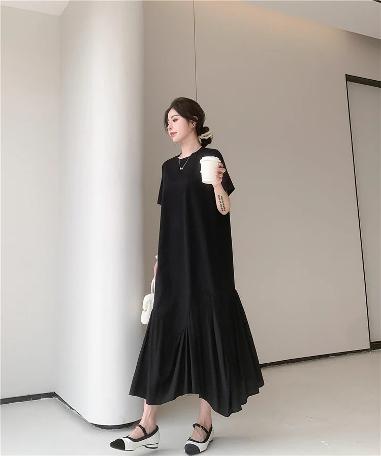 NYFS 2025 Summer New Korea Irregular Woman Dress Vestidos Robe Elbise Loose Plus Size Patchwork Short Sleeve Long Dress