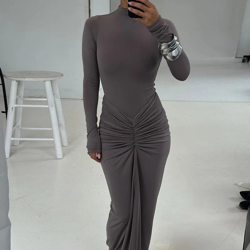 Pleated Fashion Patchwork Long Dress Women's High Waist Long Sleeve Solid Slim Party Dress Summer 2024 Female Maxi Dress