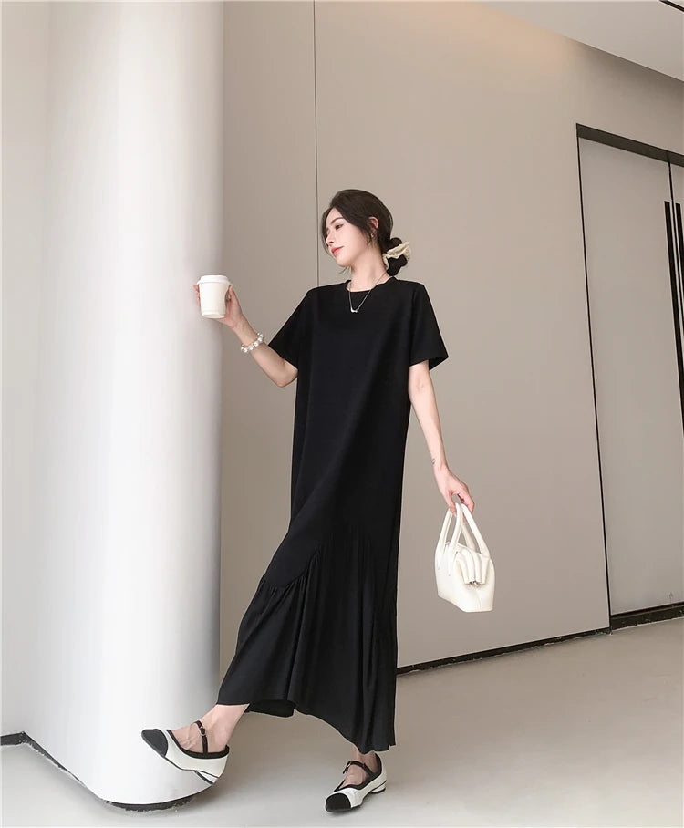 NYFS 2025 Summer New Korea Irregular Woman Dress Vestidos Robe Elbise Loose Plus Size Patchwork Short Sleeve Long Dress