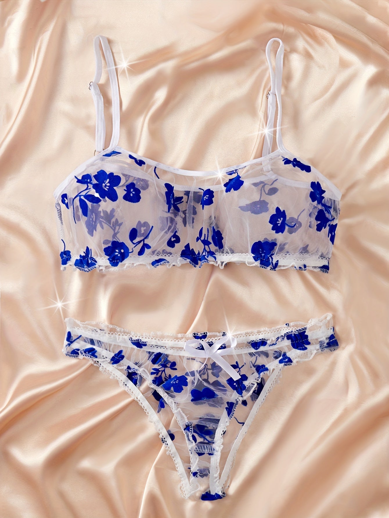 Romantic Floral Lingerie Set for Her - Alluring Ruffle Bra & Soft Sheer Mesh Panties - Seductive, Comfortable Intimate Wear with Flirty Flower Print