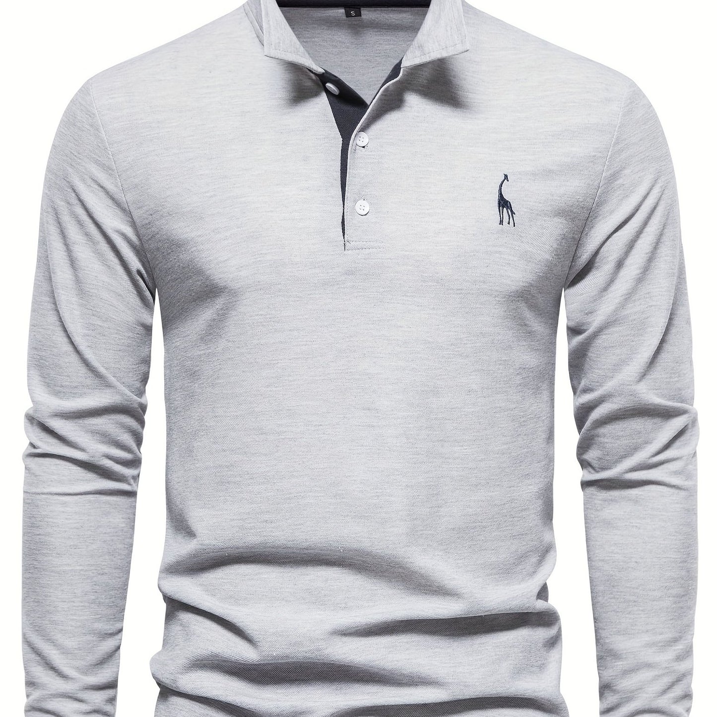 Men's Solid Giraffe Embroidery Long Sleeve Tennis Shirts, Slight Stretch All-match Fashion Men's Top