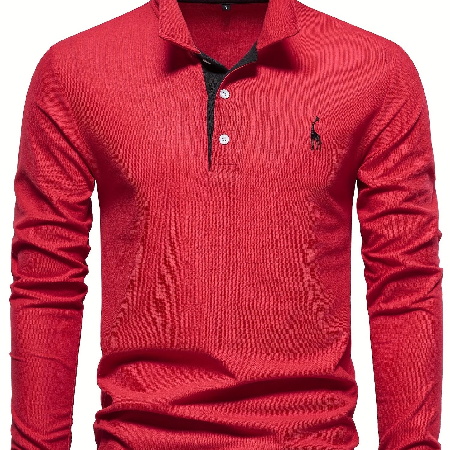 Men's Solid Giraffe Embroidery Long Sleeve Tennis Shirts, Slight Stretch All-match Fashion Men's Top
