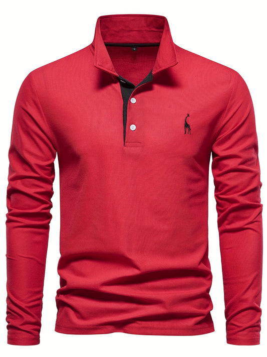 Men's Solid Giraffe Embroidery Long Sleeve Tennis Shirts, Slight Stretch All-match Fashion Men's Top