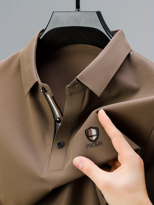 Men's Solid Color Short Sleeve Lapel Golf Shirts, Casual Style Slight Stretch Regular Fit Summer Tops, Summer Golf Shirts