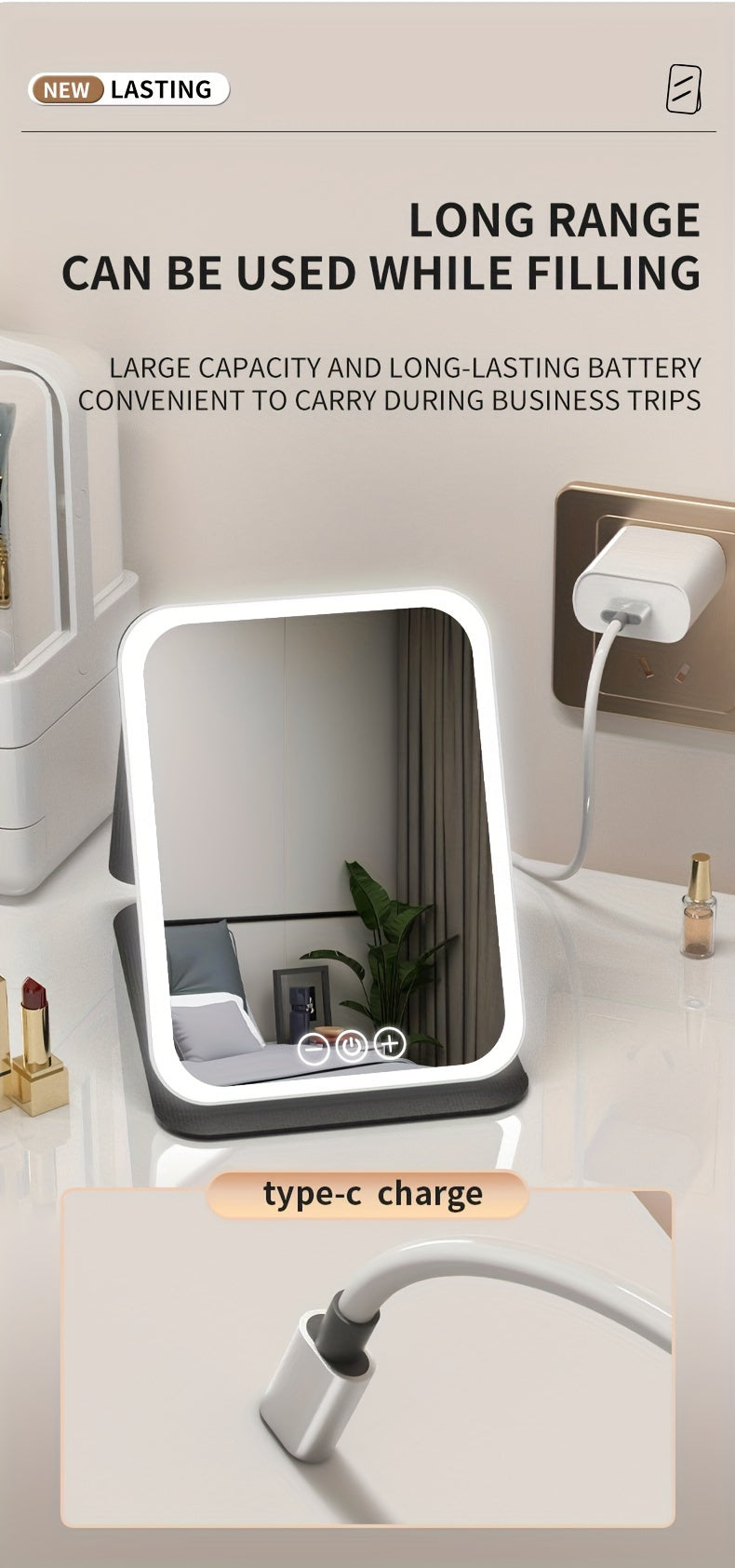 Glamour Glow - Foldable LED Makeup Mirror with 3-Color Lighting, Dimmable Touch Screen, Rechargeable & Tabletop, Perfect Vanity Accent for Effortless Beauty Routine