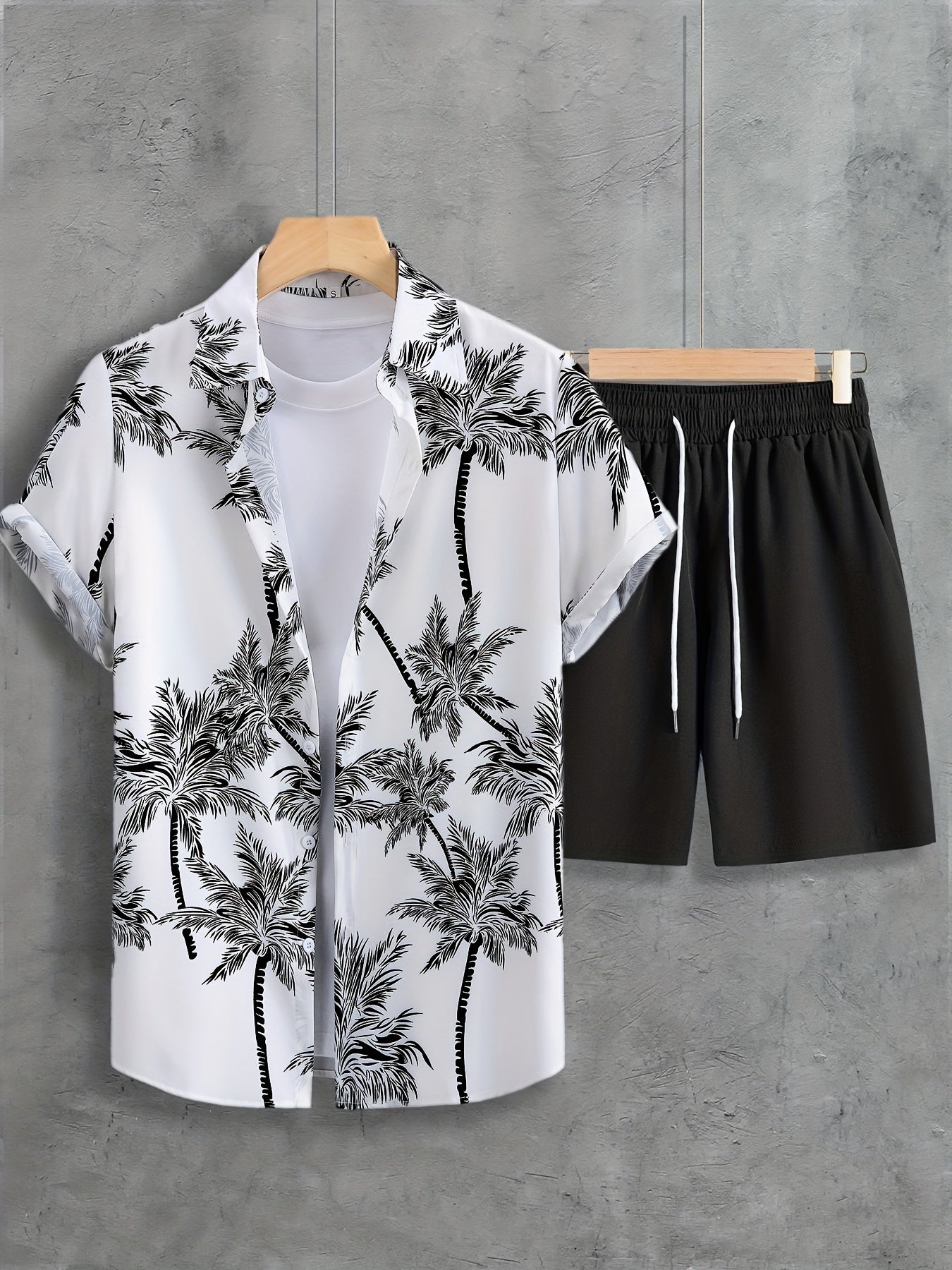 Coconut Tree Print, Men's 2Pcs Outfits, Casual Camp Collar Lapel Button Up Short Sleeve Shirts Hawaii Shirt And Drawstring Shorts Set For Summer, Men's Clothing