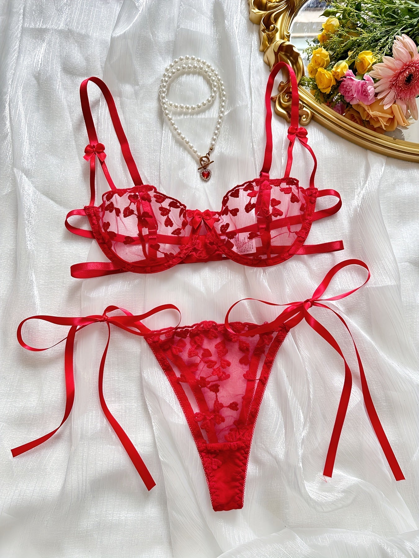 Seductive Heart Embroidery Mesh Lingerie Set - Plunge Bra, Lace Up Thong, Semi Sheer, Sexy, Womens Underwear with Exquisite Details and Comfortable Fit