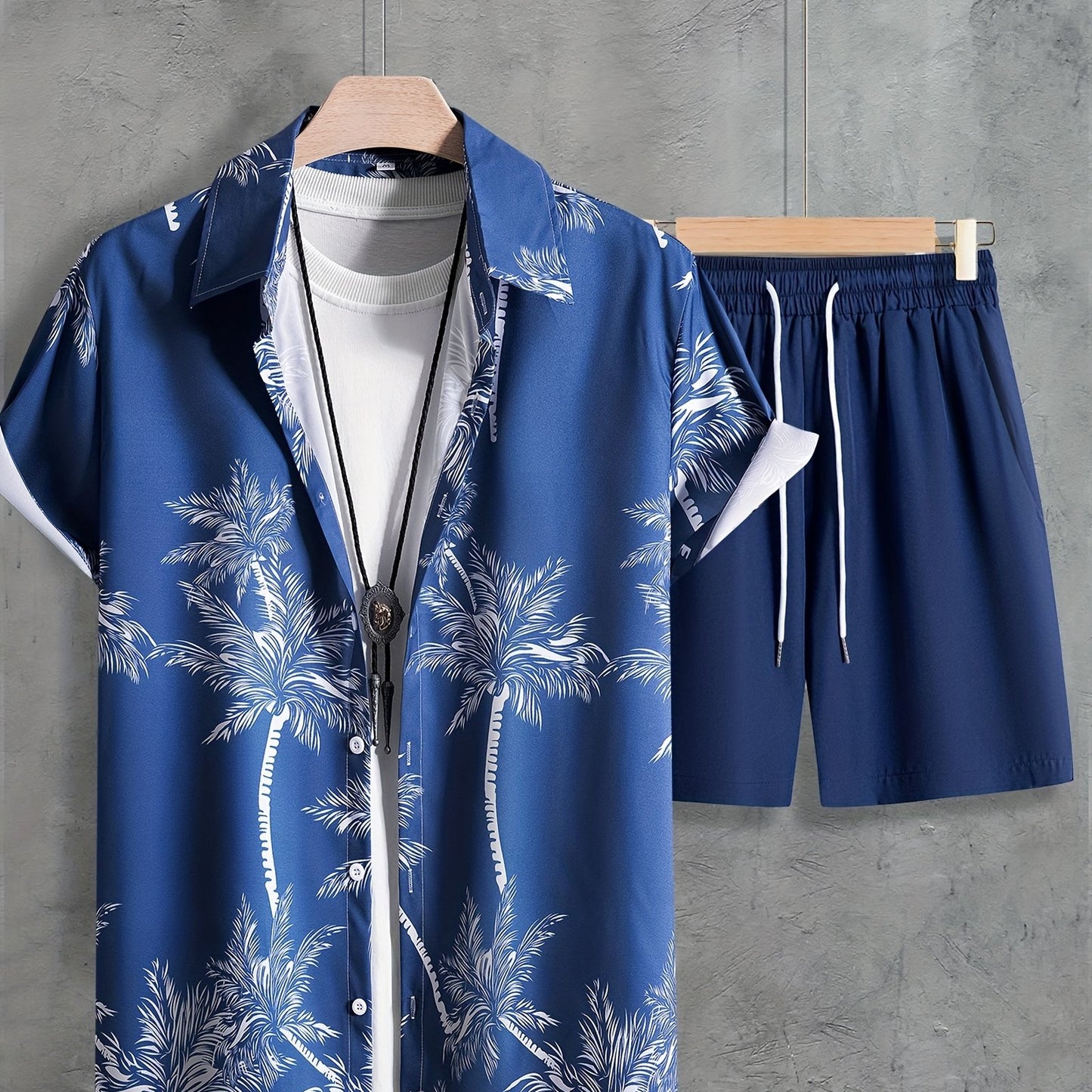 Coconut Tree Print, Men's 2Pcs Outfits, Casual Camp Collar Lapel Button Up Short Sleeve Shirts Hawaii Shirt And Drawstring Shorts Set For Summer, Men's Clothing