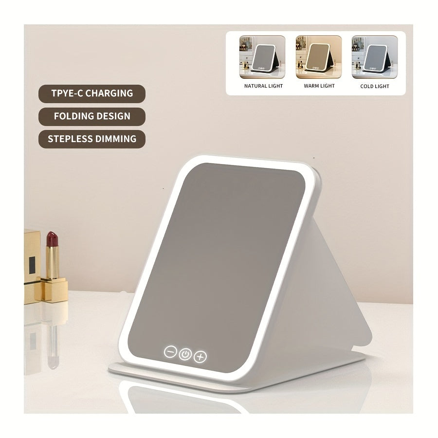 Glamour Glow - Foldable LED Makeup Mirror with 3-Color Lighting, Dimmable Touch Screen, Rechargeable & Tabletop, Perfect Vanity Accent for Effortless Beauty Routine