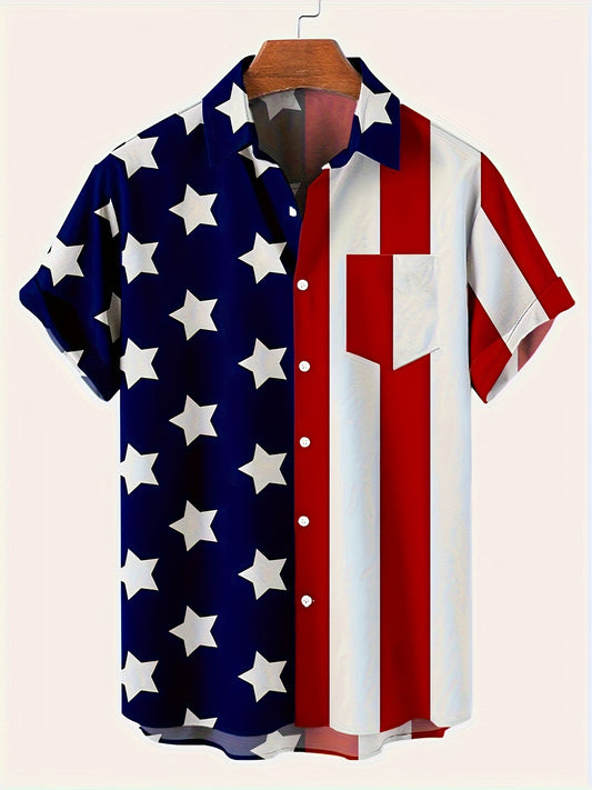 Vibrant Flag Print Casual Shirt - Trachten Shirts with Chest Pocket, Breathable Lapel, Button-Up, Short Sleeve, Perfect for Summer Outdoor Activities and Travel