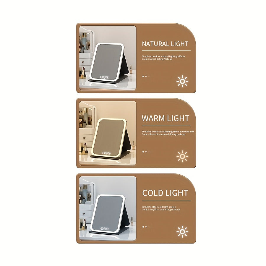 Glamour Glow - Foldable LED Makeup Mirror with 3-Color Lighting, Dimmable Touch Screen, Rechargeable & Tabletop, Perfect Vanity Accent for Effortless Beauty Routine