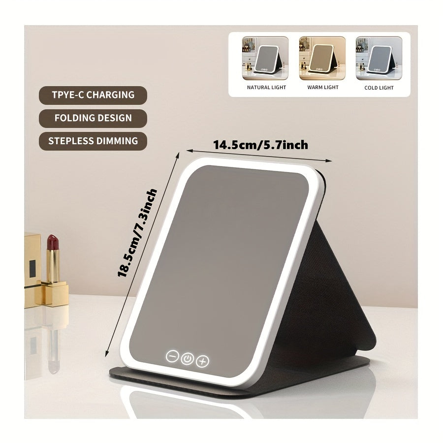 Glamour Glow - Foldable LED Makeup Mirror with 3-Color Lighting, Dimmable Touch Screen, Rechargeable & Tabletop, Perfect Vanity Accent for Effortless Beauty Routine