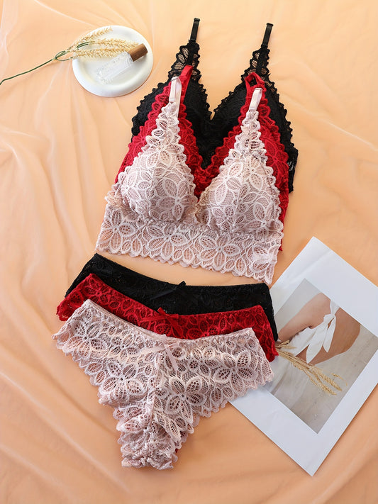 3-Pack Romantic Floral Lace Bra & Panties Set - Wireless Push-Up, Bow Accent, Soft Lingerie Ensemble for Women