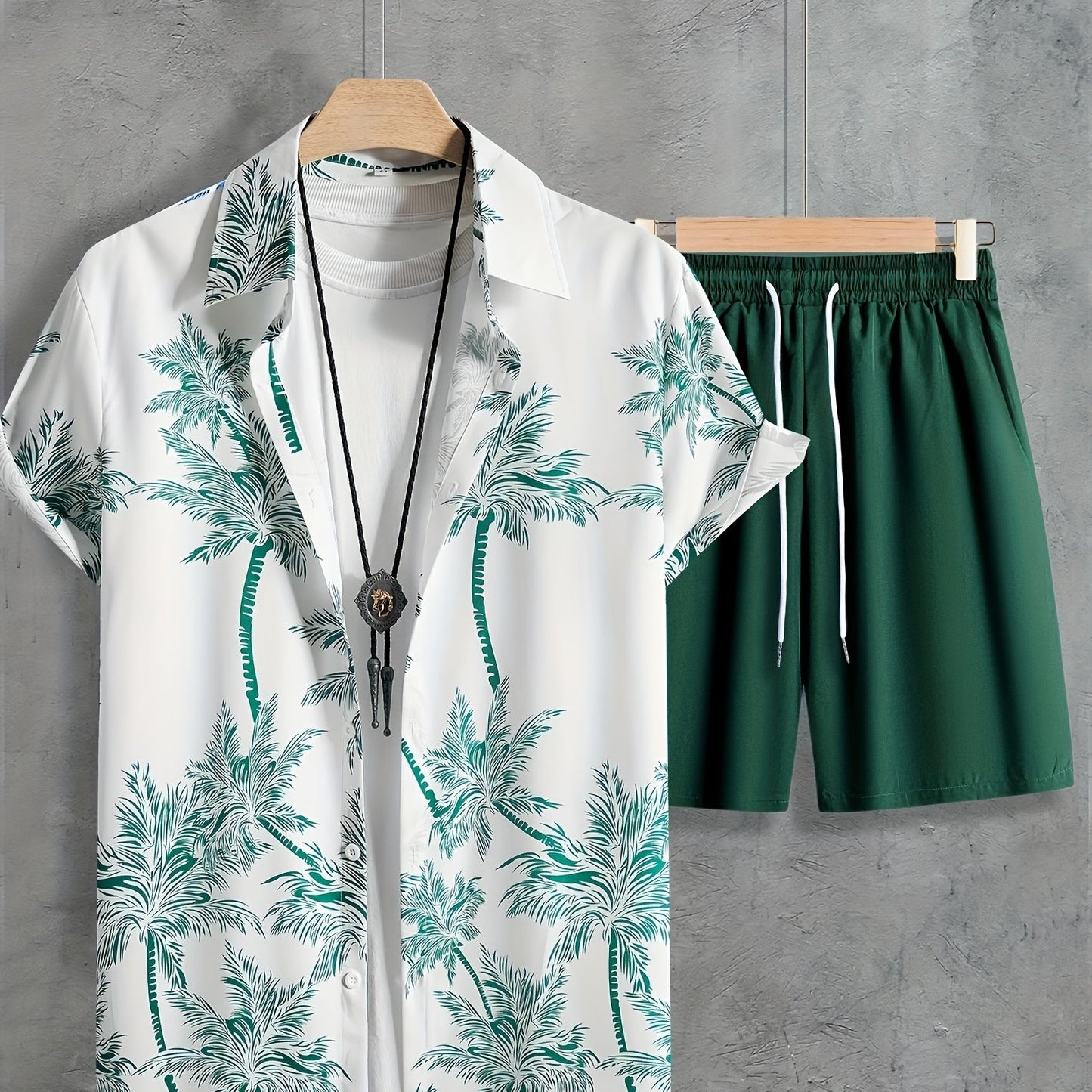 Coconut Tree Print, Men's 2Pcs Outfits, Casual Camp Collar Lapel Button Up Short Sleeve Shirts Hawaii Shirt And Drawstring Shorts Set For Summer, Men's Clothing