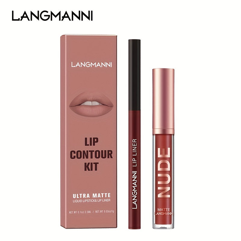 2PCS Langmanni Long-Lasting Waterproof Lipgloss & Lipliner Set - High-Pigment, Smudge-Proof Duo for Romantic Beauty - Perfect Kiss-Proof Makeup Gift for Valentines Day